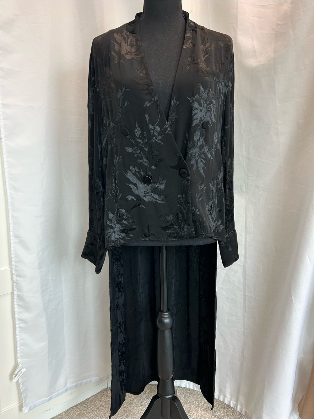 Zara black satin floral embroidered jacquard Brocade high-low blazer jacket Sz L - Picture 4 of 14